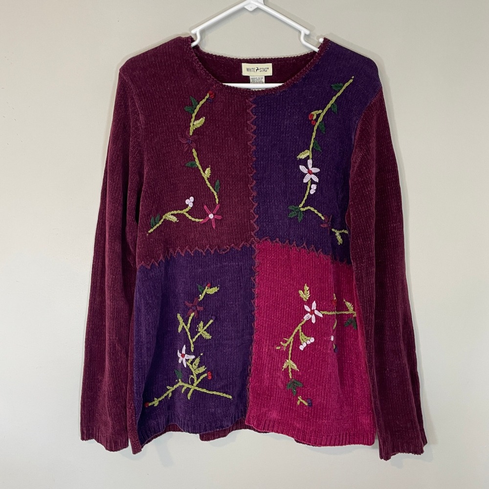 VTG White Stag Chenille Patchwork Floral Embroidered Sweater Purple L Cottage